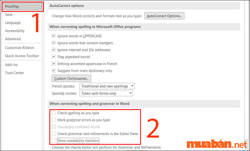Chọn Proofing, tích bỏ những tính năng dưới đây