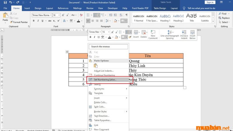 Bôi đen và nhấp chuột phải chọn Set Numbering Value