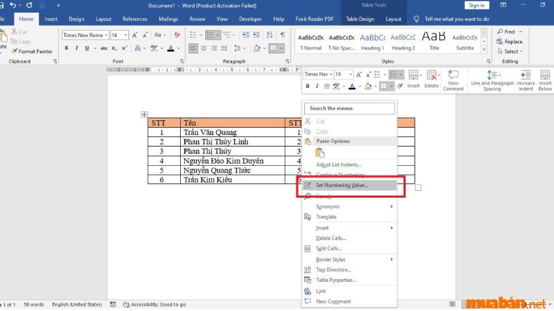 Bôi đen cột số thứ tự thứ 2 và chọn Set Numbering