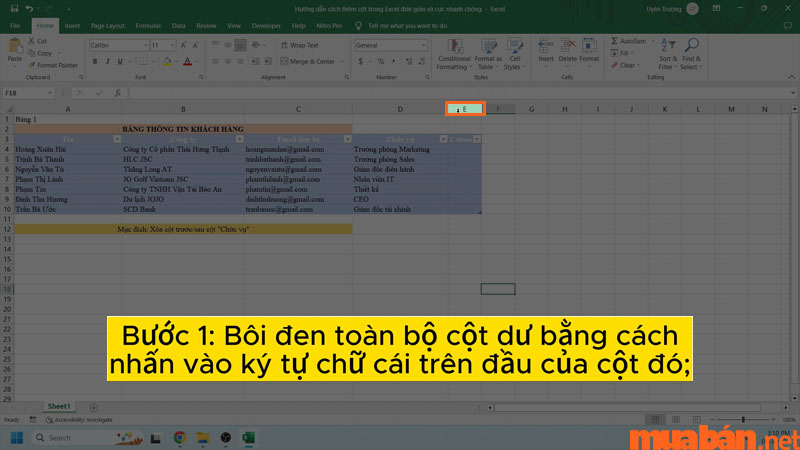 Chọn vào chữ cái trên đầu cột để chọn cột cần xóa