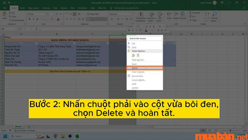 Chọn lệnh Delete sau khi nhấn chuột phải vào cột để xóa cột