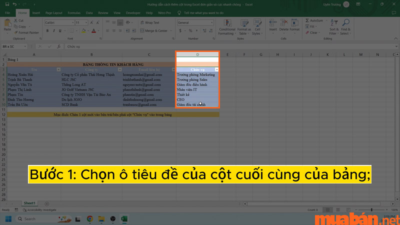 Chọn ô tiêu đề hoặc bôi đen cả cột cuối cùng