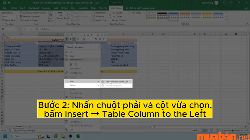 Chèn cột mới vào bên trái bằng lệnh Insert trong chuột phải