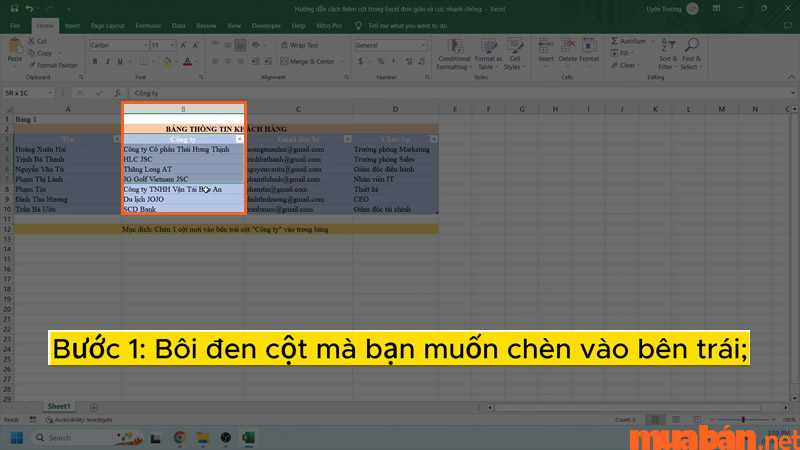 Bôi đen cột trong bảng để chèn cột vào bên trái liền kề