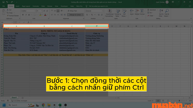 Chọn đồng thời các cột sát bên phải vị trí cần chèn