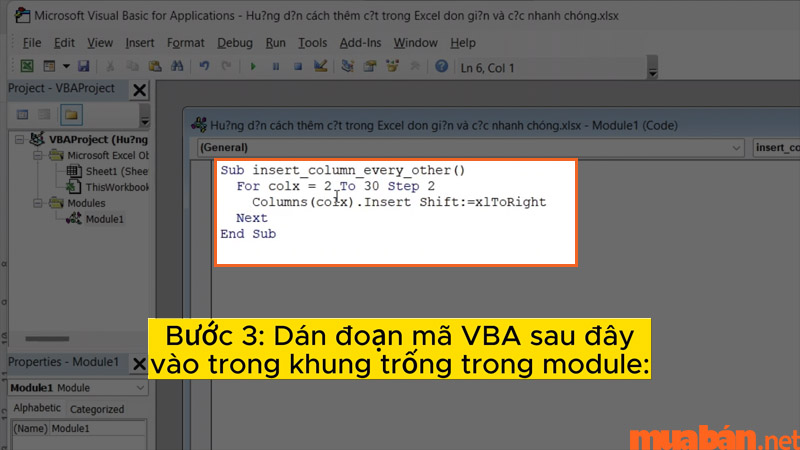 Nhập code VBA trên để chèn thêm cột xen kẽ