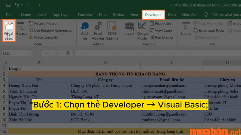 Mở cửa sổ Visual Basic bên trong công cụ Developer