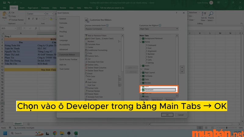 Bạn cần bật thanh công cụ Developer trước khi sử dụng cách thêm cột trong Excel này