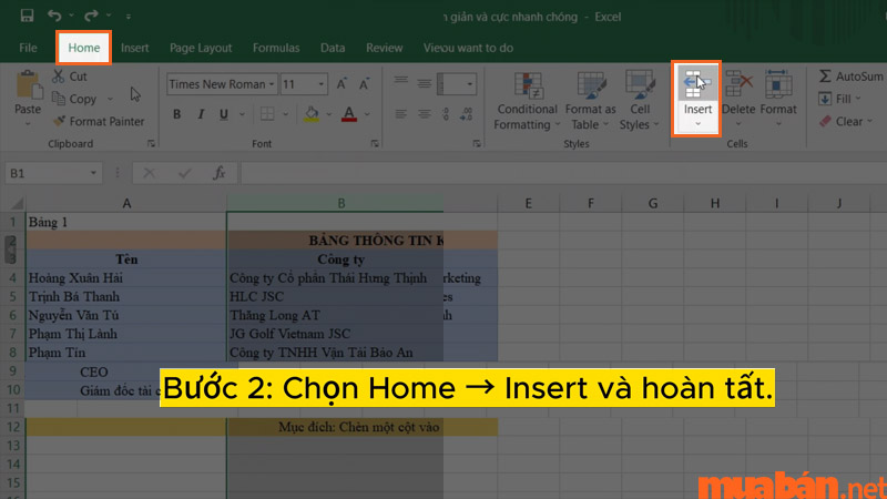 Chọn Insert trên thanh công cụ để chèn nhanh cột vào Excel