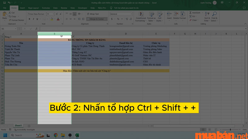 Chèn cột mới bằng tổ hợp Ctrl + Shift + +