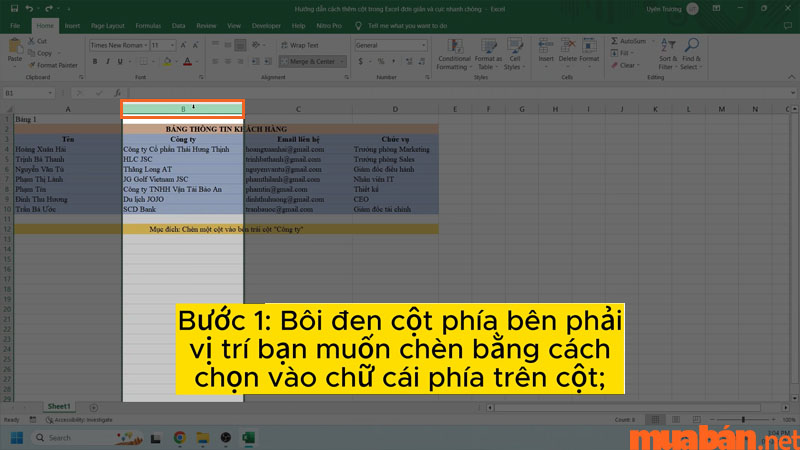 Nhấn vào chữ cái trên đầu cột để bôi đen