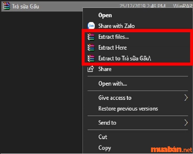 Chọn "Extract to" hoặc "Extract file..."