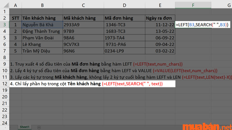 Công thức này sẽ chỉ lấy các ký tự phía trước dấu “ “ đầu tiên