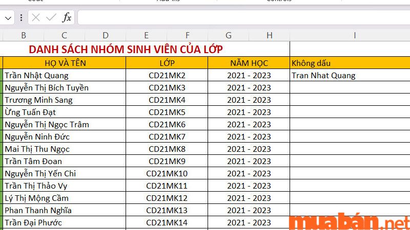 Kết quả cách bỏ dấu trong Excel bằng hàm