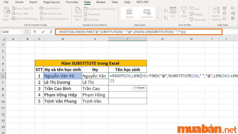 Bước 1: Nhập công thức hàm SUBSTITUTE như ảnh