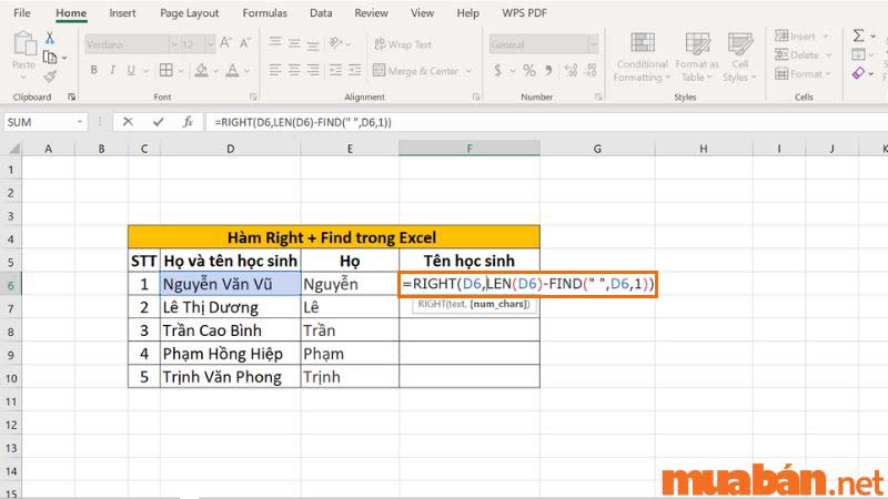 Bước 1: Nhập hàm Right + Find như trong ảnh