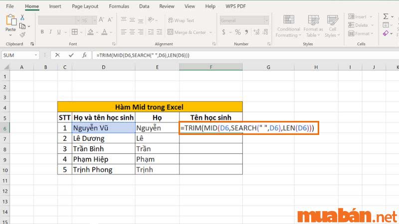 Bước 1: Nhập hàm TRIM như trong ảnh