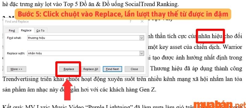 Cách thay thế từ, cụm từ trong Word