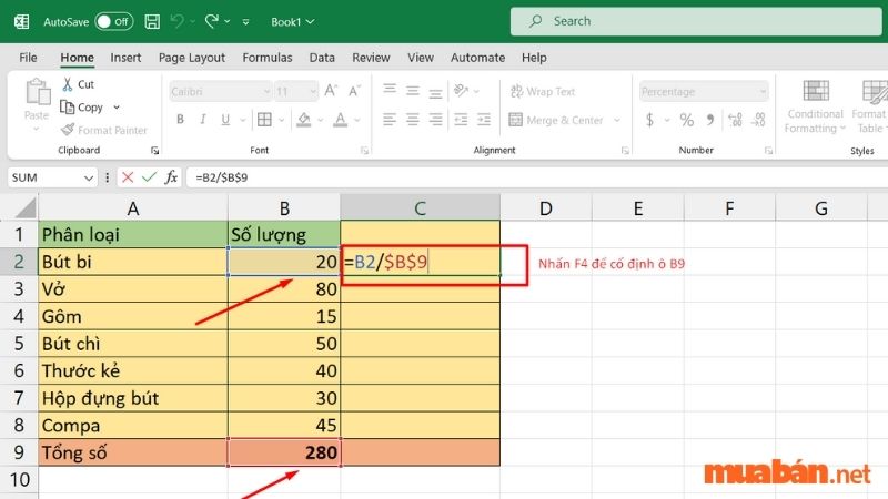 Nhập công thức "=1 phần / tổng số"