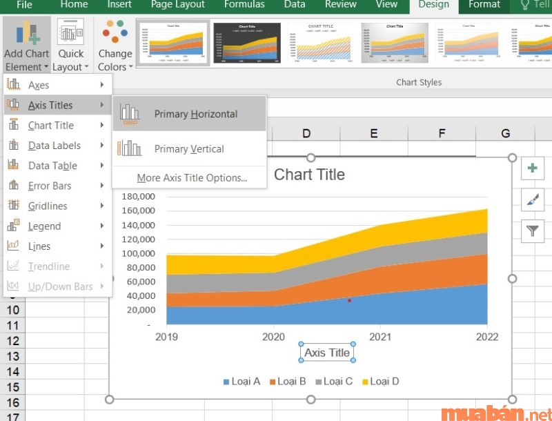 Thêm tên trục ngang, trục dọc bằng cách chọn thẻ Axis trong Chart Layouts.