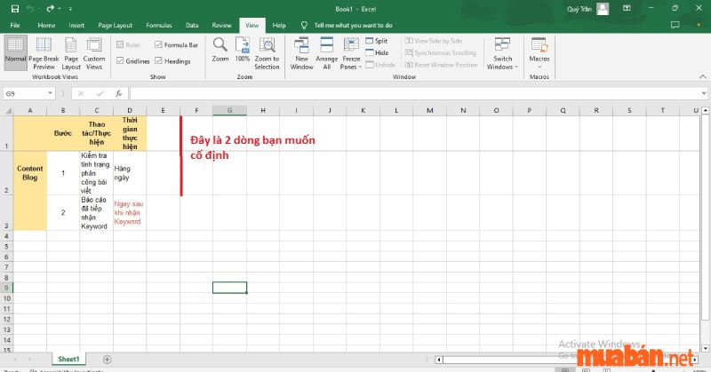 Cố định nhiều dòng trong Excel