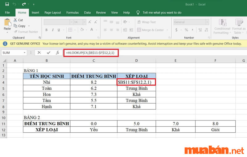 Nhập công thức hàm HLOOK: =HLOOKUP(C4,$B$11:$F$12,2,1)