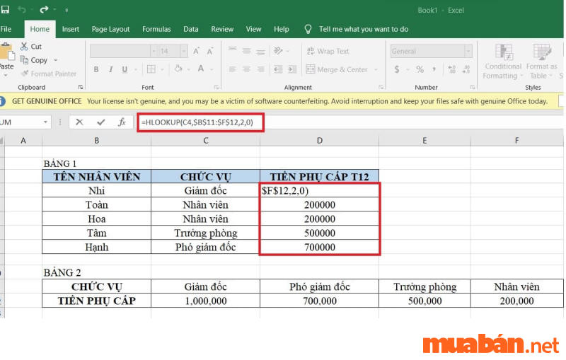 Nhập công thức hàm HLOOKUP: =HLOOKUP(C4,$B$11:$F$12,2,0)