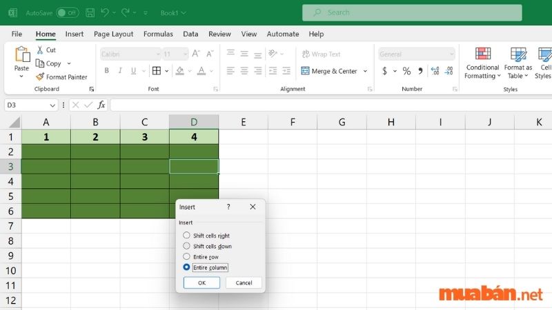 Chọn Entire Colume để chèn cột mới 