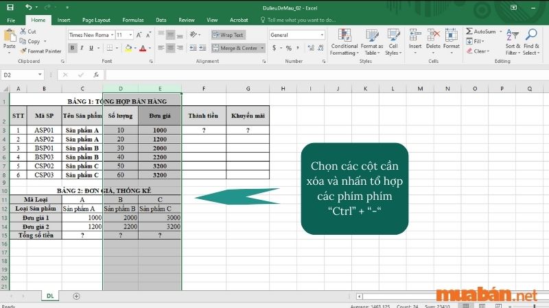 Nhấn tổ hợp các phím phím “Ctrl” + “-“. Như vậy bạn đã có thể xóa những cột bạn đã chọn.