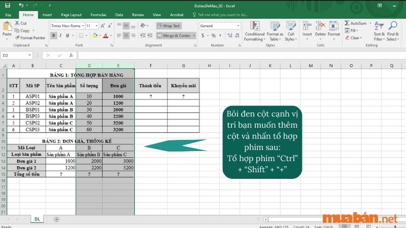 Nhấn chọn 01 trong 02 tổ hợp phím sau:
Tổ hợp phím “Ctrl” + “Shift” + “+”
Tổ hợp phím “Alt” + “H” + “I”+ “E”