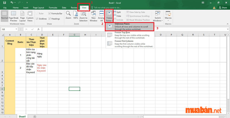 Thao tác cách bỏ cố định dòng trong Excel