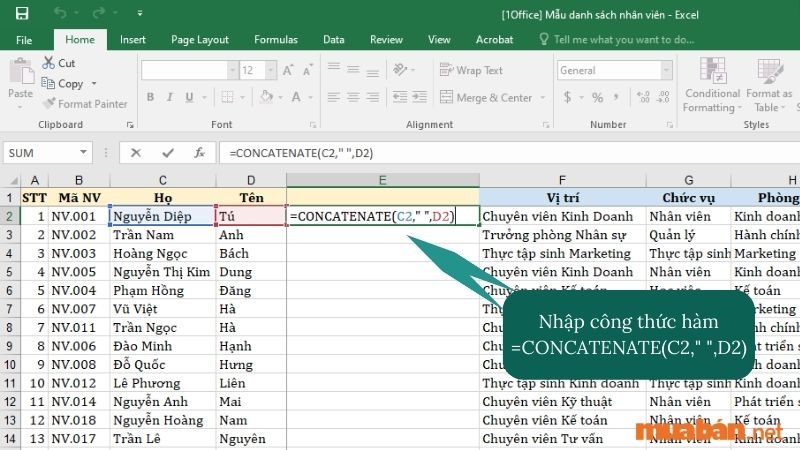 Bước 1: Nhập công thức hàm =CONCATENATE(C2," ",D2). Trong đó C2, D2 lần lượt là 2 ô bạn cần ghép dữ liệu.