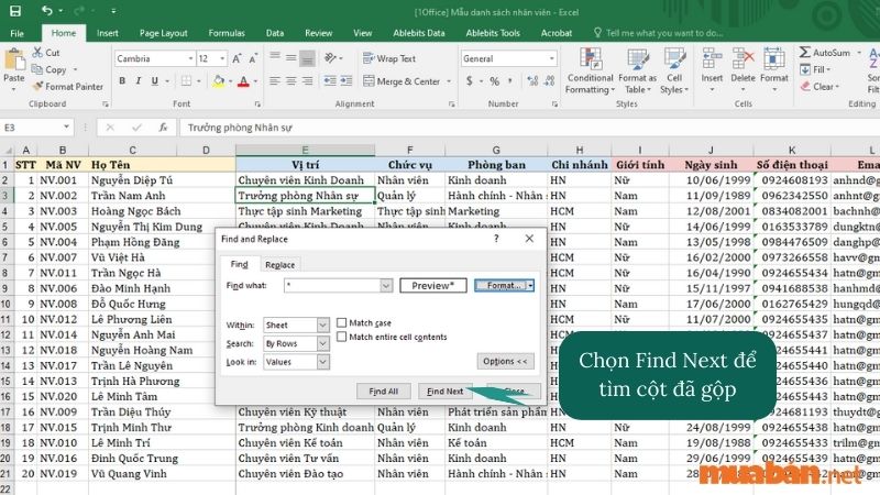 Bước 4: Bạn nhập nội dung cần tìm vào hộp thoại Find what. Chọn Find Next để tìm cột đã gộp
