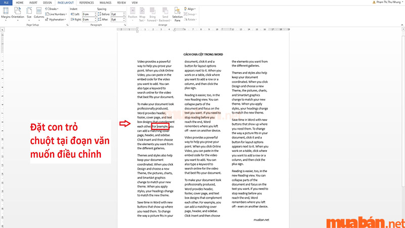 Đặt con trỏ chuột vào đoạn văn bản muốn chia