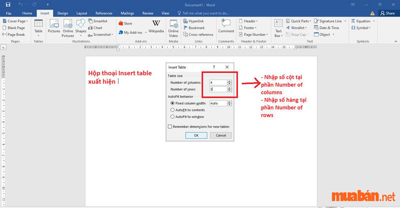 Cách tạo bảng trong Word - Nhập số ô và cột tương ứng