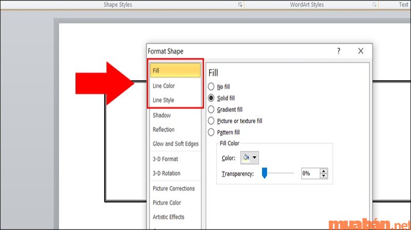 Bạn có thể điều chỉnh nền, viền ở bảng này tại tab Fill, Line