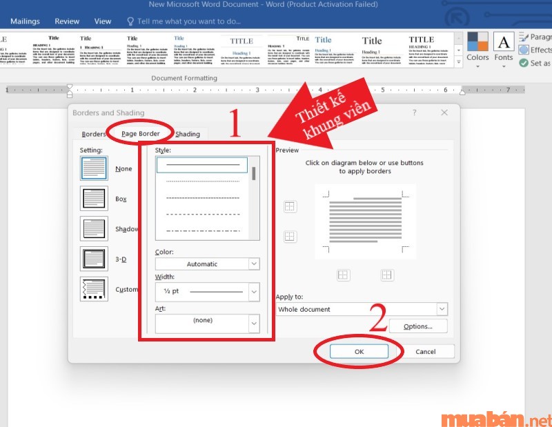 Thay đổi kiểu dáng, màu sắc, kích thước, hoa văn viền trang tại tab Page Borders