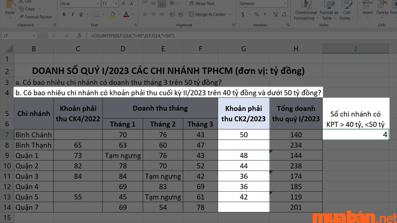 Kết quả bằng 4 cho thấy có 4 chi nhánh thỏa mãn 2 điều kiện: Khoản phải thu quý II/2023 lớn hơn 40 tỷ đồng và nhỏ hơn 50 tỷ đồng