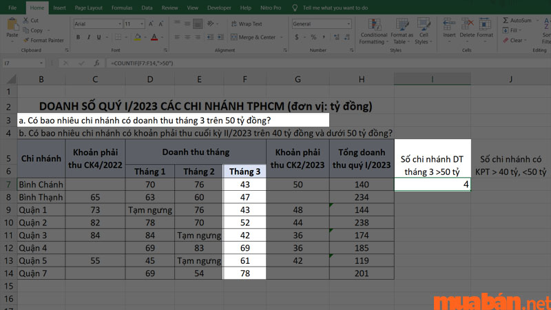 Hàm COUNTIF sẽ đếm và bỏ qua các giá trị nhỏ hơn hoặc bằng 50, trả ra kết quả là 4