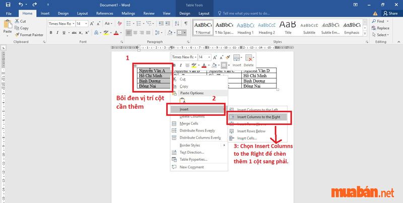 Cách tạo bảng trong Word - Thao tác thêm hàng/cột