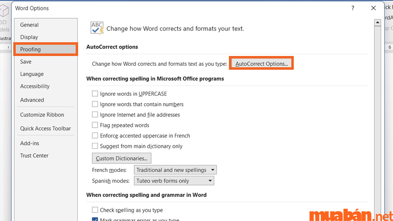 Bạn cần lựa chọn AutoCorrect Option để mở các tùy chọn tự động điều chỉnh khi nhập trong Word