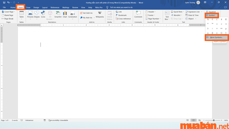 Để thực hiện cách viết phân số trong Word bằng Symbol, bạn cần phải mở cửa sổ More Symbols