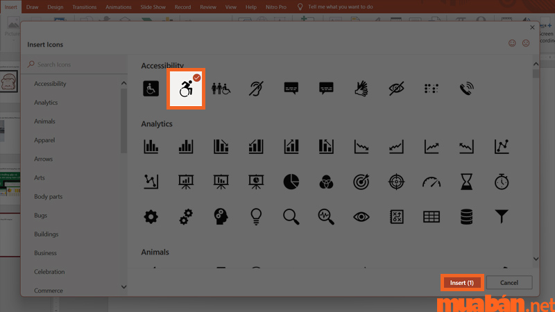 Chọn icon bạn muốn sau đó bấm Insert để chèn vào trang tính
