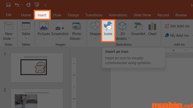 Chọn biểu tượng Icons để tìm các icon có sẵn trong PowerPoint của bạn