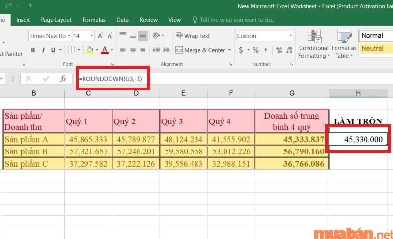 Hướng dẫn cách làm tròn số xuống bằng hàm Rounddown nếu Num_digits=-1