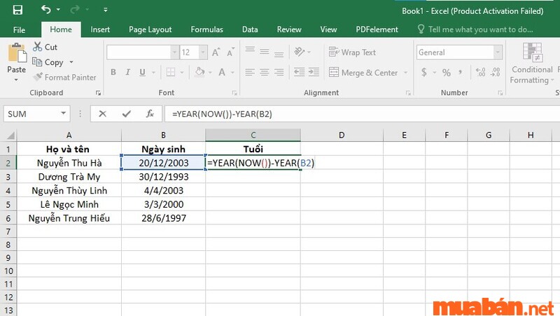 Cách tính tuổi trong excel bằng hàm YEAR với công thức =YEAR(NOW())-YEAR(B2)