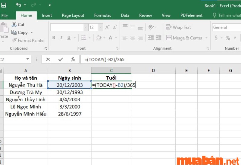 Cách tính tuổi trong excel bằng hàm TODAY: Nhập công thức =(TODAY()-B2)/365