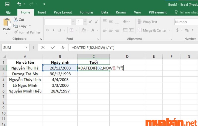 Nhập công thức =DATEDIF(B2,NOW(),"Y")