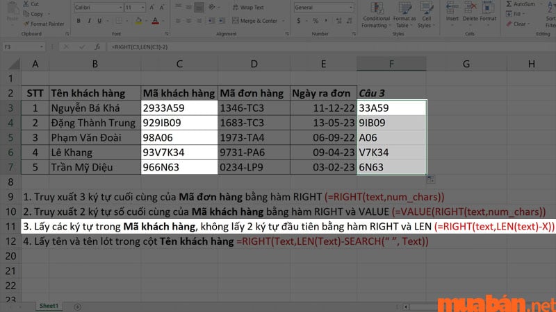 Sao chép công thức cho các ô khác để hoàn tất cách dùng hàm RIGHT kết hợp hàm LEN