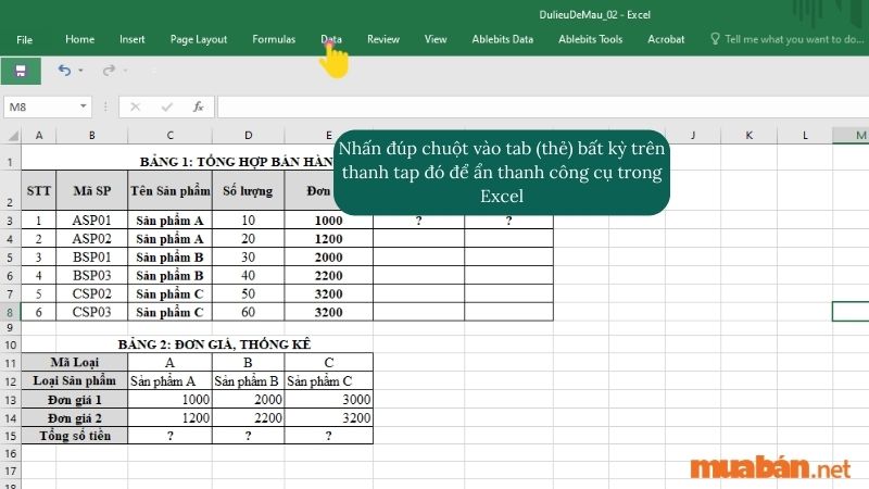 Bạn hãy ghi nhớ tổ hợp phím thực hiện cách hiện thanh công cụ trong Excel như sau: Nhấn đúp chuột vào tab (thẻ) bất kỳ trên thanh tap đó để ẩn thanh công cụ trong Excel.